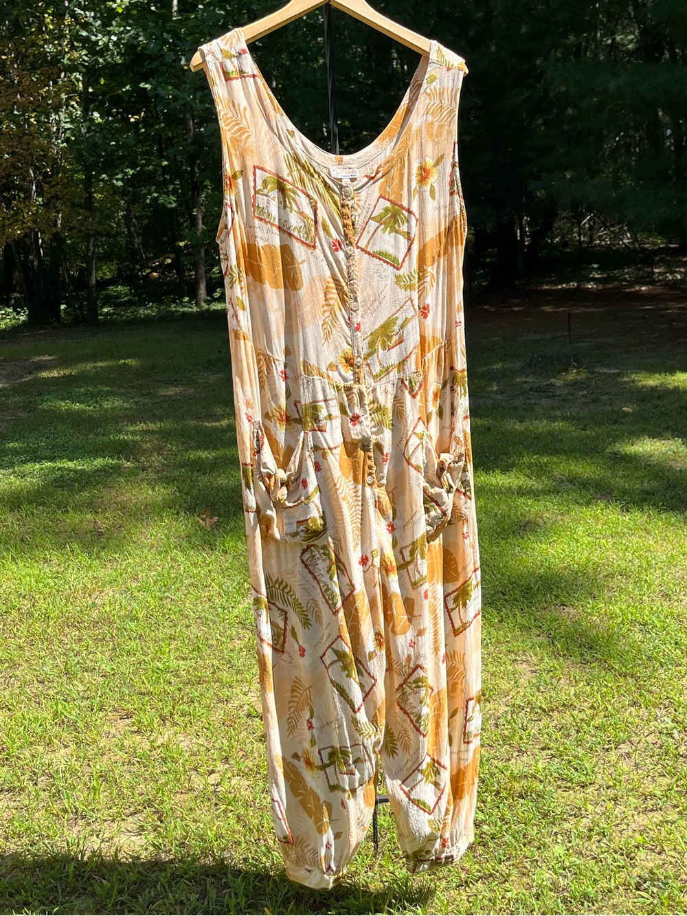 90s Ambika Hawaii Tropical Souvenir Tourist Postcard Print Cotton Jumpsuit XL
